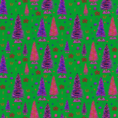 Obraz premium Seamless pattern with multicolored Christmas trees and New Year decoration, for wrapping paper