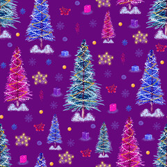 Seamless pattern with multicolored Christmas trees and New Year decoration, for wrapping paper