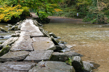 View of the clapper bridge at Tarr Steps in Exmoor National Park