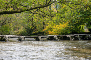 View of the clapper bridge at Tarr Steps in Exmoor National Park