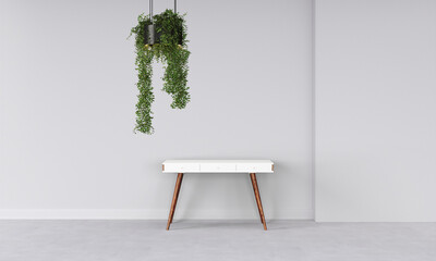 Modern workspace with desk and lamp in minimalistic interior
