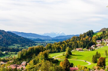 Fototapeta na wymiar View from Oberstaufen (Bavaria, Bayern, Germany) on Santis mountain, alps mountains by Appenzell, St. Gallen, Switzerland.