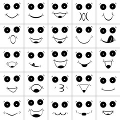 Set, collection of smiles, emoticons, emoji. Only eyes and mouths. Black silhouettes on a white background. Isolated vector illustrations, icons.
