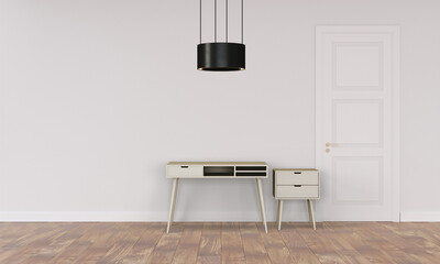 Modern workspace with desk and lamp in minimalistic interior