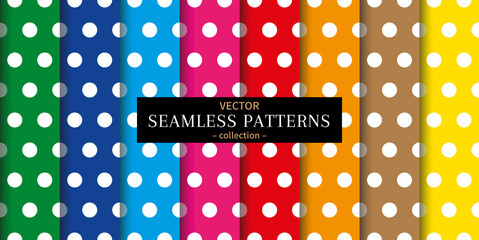 Set of big white polka dots seamless pattern on bright colorful backgrounds. © zanna_