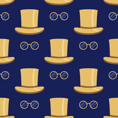 Seamless pattern with a with stylish vintage men's accessories: top hat, glasses. Trendy dark blue and golden colors