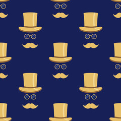 Seamless pattern with a stylish gentleman wearing a top hat, glasses and a mustache. Trendy dark blue and golden colors