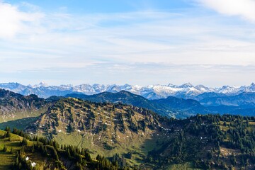 View from Hochgrat mountain nearby Oberstaufen (Bavaria, Bayern, Germany) on alps mountains in Tyrol, Vorarlberg. Hochvogel, big, Grosser Klottenkopf, Austria. Good hiking way