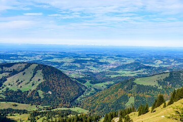 View from Hochgrat mountain nearby Oberstaufen (Bavaria, Bayern, Germany) on alps mountains in Tyrol, Austria.
