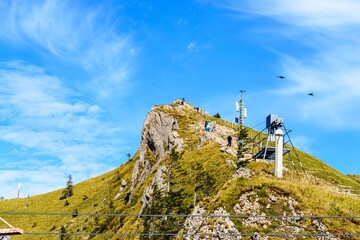 Fototapeta premium View from Hochgrat mountain nearby Oberstaufen (Bavaria, Bayern, Germany) on hochgratbahn, cable railway.