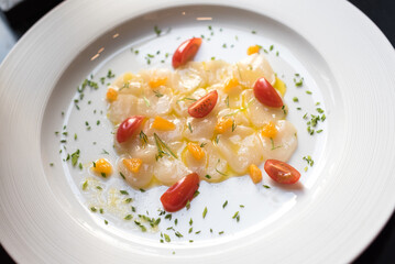 Sea Scallop Carpaccio with Tomatoes, Raw Seafood Appetizer