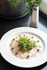 Chilled Veal in Tuna-Caper Sauce with Fresh Arugula Leaves, Italian Vitello Tonnato