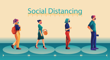 Social Distancing, People keeping distance for infection risk and disease, male and female wearing a surgical protective Medical mask to prevent virus Covid-19 Coronavirus novel Health care concept.