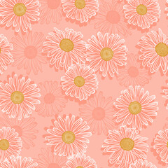 Vector Floral Seamless Pattern. Background of Outline Vintage Daisy (Chamomile, Camomile) Flowers. Hand drawn Flower Sketch Wallpaper