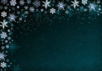Snow background. Blue Christmas snowfall with defocused flakes. Winter concept with falling snow. Holiday texture, dark green background and white snowflakes.
