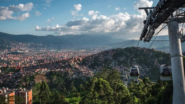Zoom in time lapse view of the metro cable car public transit system in Medellin, Antioquia Department, Colombia.