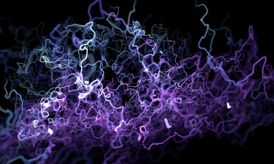3d render of abstract art background with part of neural energy network based on glowing curve wavy connected cords lines with blue and purple neon glowing light energy inside in the dark