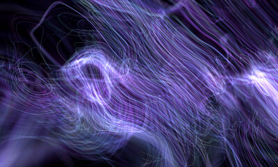 3d render of abstract art background with part of neural energy network based on glowing curve wavy connected lines with blue and purple neon glowing light energy inside in the dark