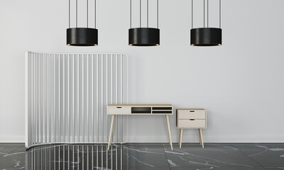 Modern workspace with desk and lamp in minimalistic interior