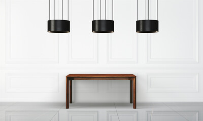 Modern workspace with desk and lamp in minimalistic interior