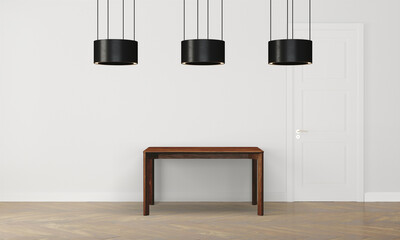 Modern workspace with desk and lamp in minimalistic interior