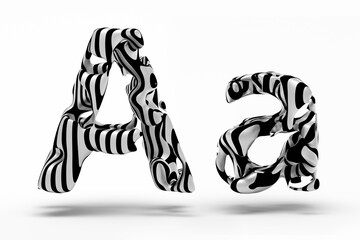 3d render of abstract art of surreal 3d letters uppercase and lowercase letter a in organic curve wavy shape in matte metal material with parallel black lines on surface on isolated white background