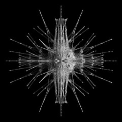 3d render of abstract black and white monochrome art with surreal fractal alien cyber star mechanism inside based on atomic wire structure in metal with plastic parts in the dark on black background