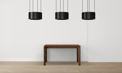 Modern workspace with desk and lamp in minimalistic interior