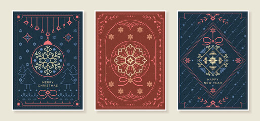Set of Christmas greeting cards and posters. Vintage ornament frames. Vector illustration. 