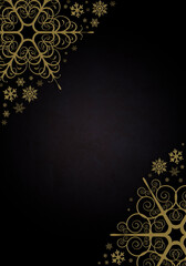 Golden shiny glowing snowflakes isolated over black background. Golden elegant winter backdrop. Illustration template.