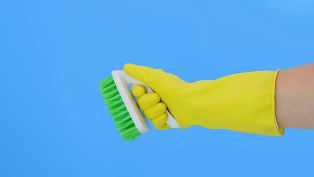 A hand in yellow gloves showing a green brush against blue background, cleaning and brushing carpet, removing stains and wool from it and doing routine homework concept