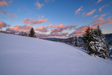 Alpine village outskirts in last evening sunset sun light. Winter snowy hills and fir trees.