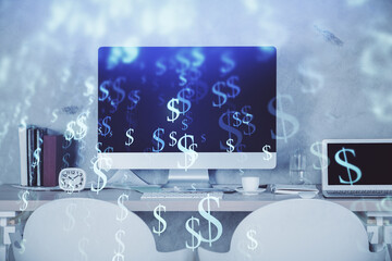 Multi exposure of stock market chart drawing and office interior background. Concept of financial...