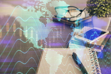 Double exposure of forex chart drawing and cell phone background. Concept of financial trading