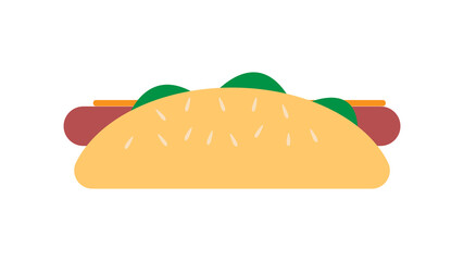 sandwich with sausage on white background, hot dog, vector illustration. sandwich, hearty snack, fast food food. bun with herbs, mustard, cheese and meat. seeds with sesame seeds on top