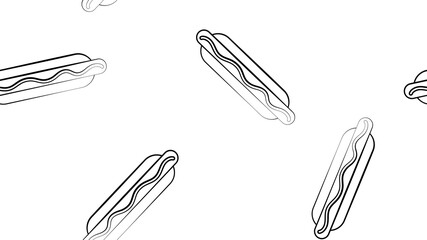 hotdog us white background, vector illustration, pattern. bun with sausage, ketchup. favorite snack. wallpaper for restaurant, cafe, kitchen decor. black and white picture in drawing style