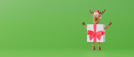 Funny Reindeer with Christmas hat in the gift. Winter Holidays concept 3d render 3d illustration