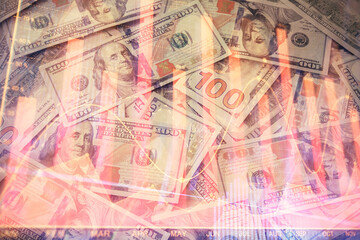 Multi exposure of forex chart drawing over us dollars bill background. Concept of financial success markets.