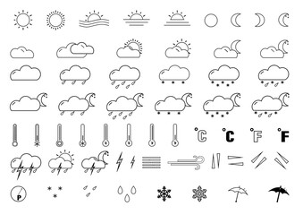 Fototapeta na wymiar Set of edited weather icons on a white background. Includes symbols such as thunderstorm, storm, cloudy and more. can be used for web, mobile, user interface and infographics.