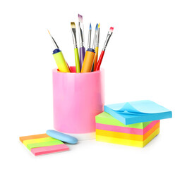 Set of different school stationery on white background