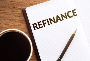 Refinance text typed words on a notebook with coffee and pen