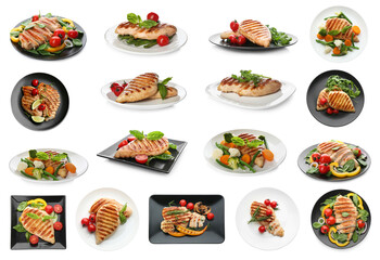 Set of grilled chicken breasts on white background © New Africa