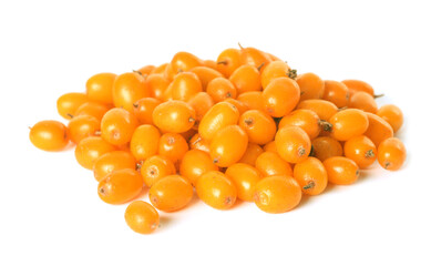 Fresh ripe sea buckthorn berries on white background