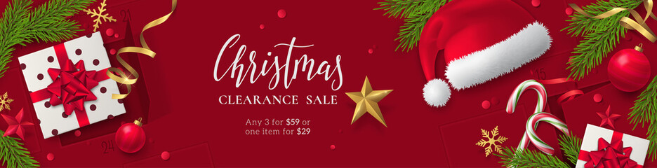 Vector banner for Christmas clearance sale with holiday symbols (Santa's hat, golden ribbons, fir tree, candy canes, confetti, gift box). Festive template on red background with advent calendar.