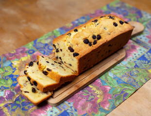 Delicious english pudding cut into slices on a table
