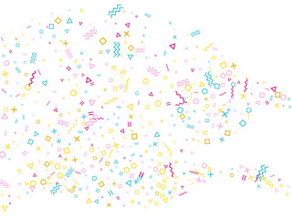 Memphis style geometric confetti background with triangle, circle, square, zigzag and wavy line