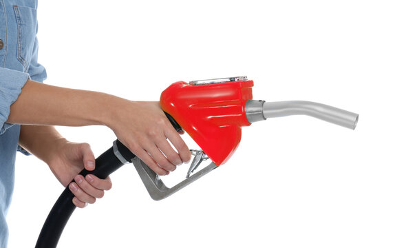 Woman With Fuel Nozzle On White Background, Closeup. Gas Station