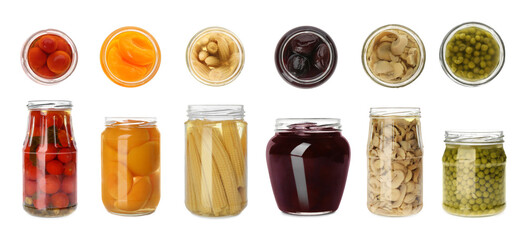 Set of jars with jam and pickled foods on white background. Banner design