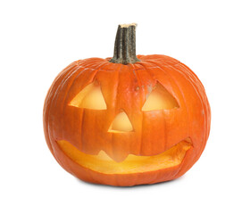 Cute pumpkin jack o'lantern isolated on white. Halloween decor