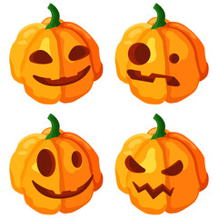 Jack-o-lantern set. Vector isolated colored pumpkin set. Volume pumpkins.